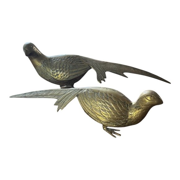 Vintage Pair of SOLID BRASS Pheasant Birds MCM Decor Approx 5" x15” - Picture 12 of 13